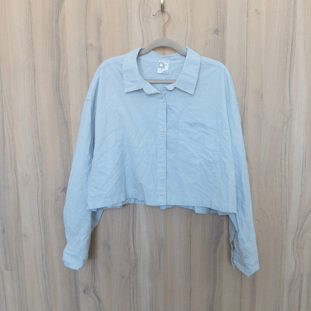 OFFLINE by Aerie Women Cropped Button Down Long Sleeve Shirt XL Blue Boxy Preppy